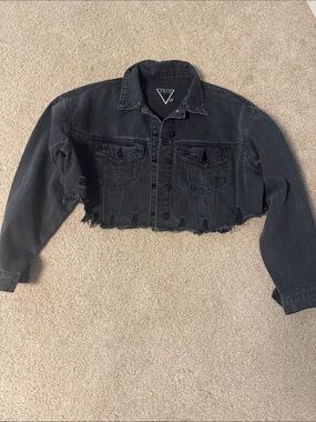 Crop Black Distressed Denim Jacket - Women
